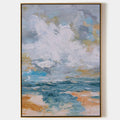 Original hand painted teal amber coastal abstract oil painting canvas wall art, billowing clouds waves nordic scandinavian elegant luxu