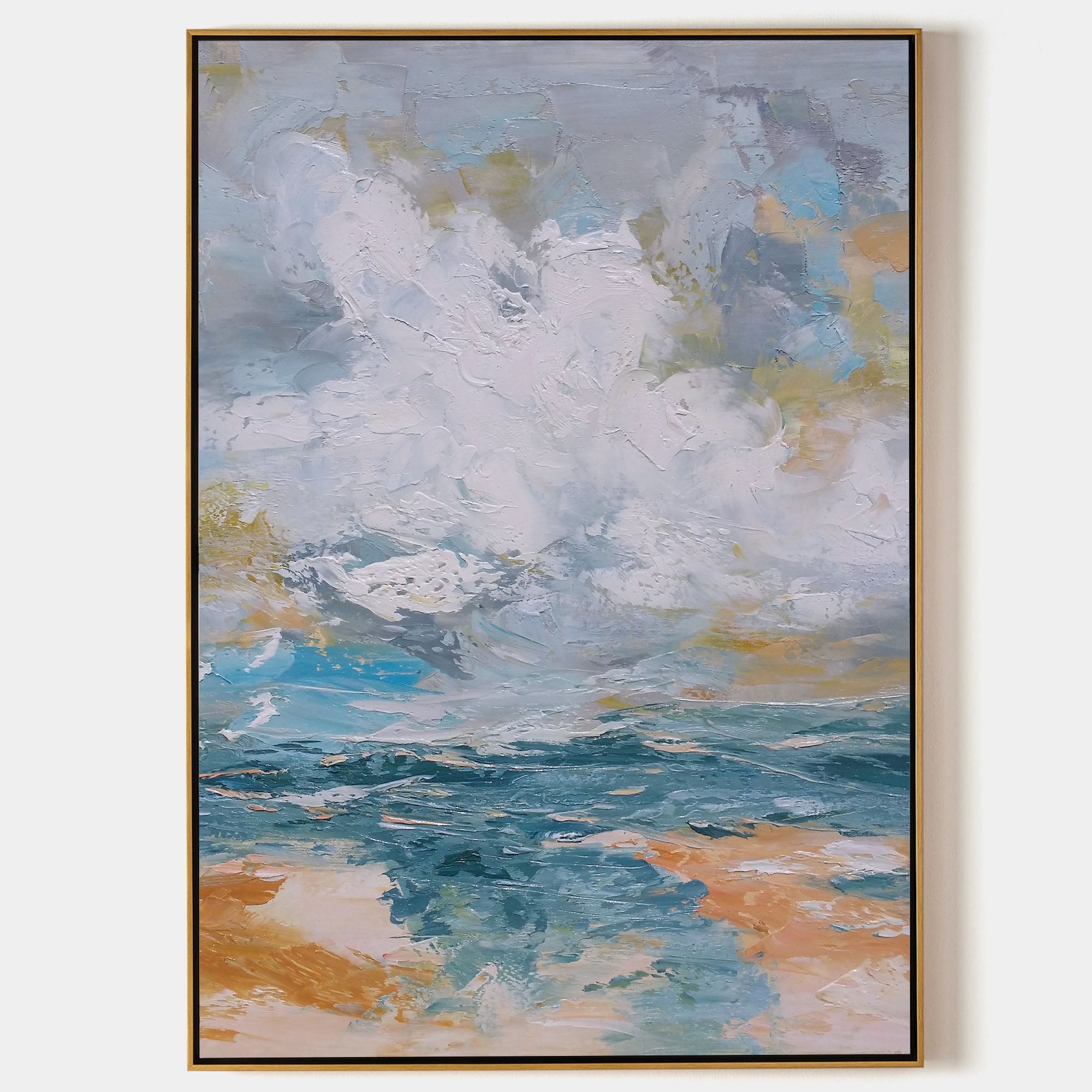 Original hand painted teal amber coastal abstract oil painting canvas wall art, billowing clouds waves nordic scandinavian elegant luxu