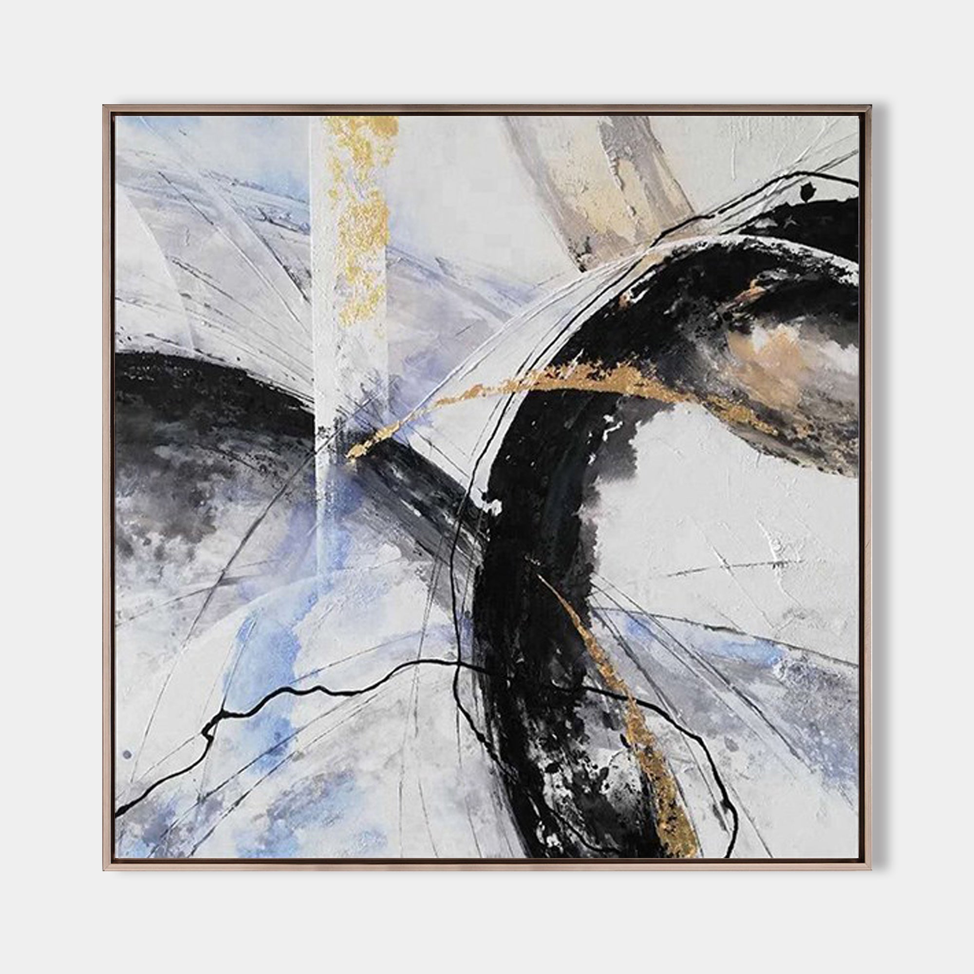 Original hand painted black gold white abstract oil painting canvas wall art, nordic scandinavian elegant luxury modern living room int