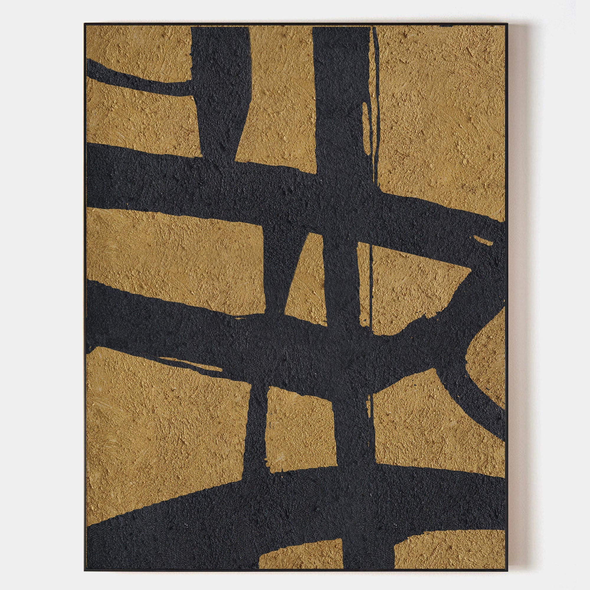 Original hand painted black gold abstract oil painting canvas wall art, bold brushstrokes textured luxury modern nordic scandinavian el