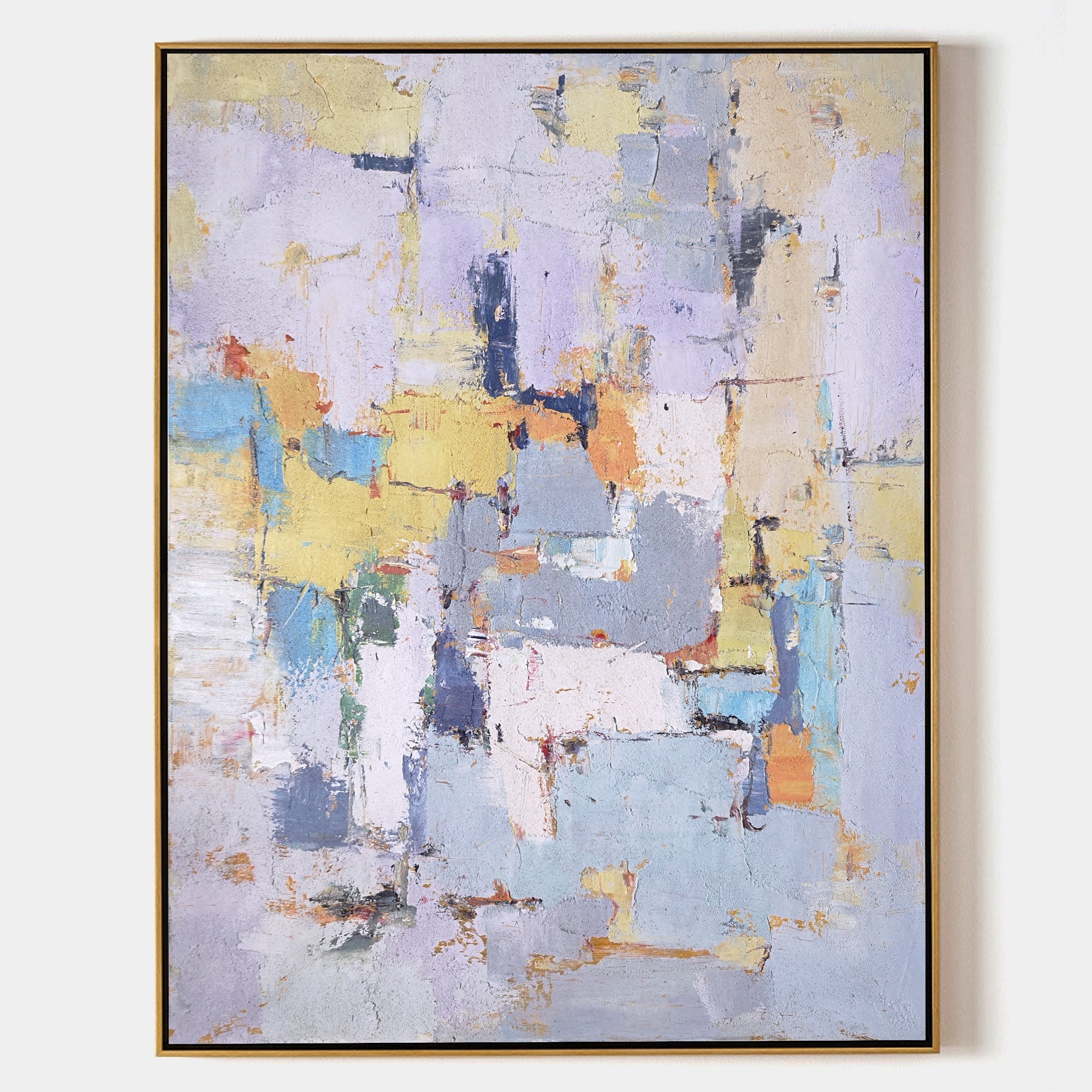 Original hand painted lavender dusty blue gold abstract oil painting canvas wall art, modern scandinavian elegant luxury home decor int
