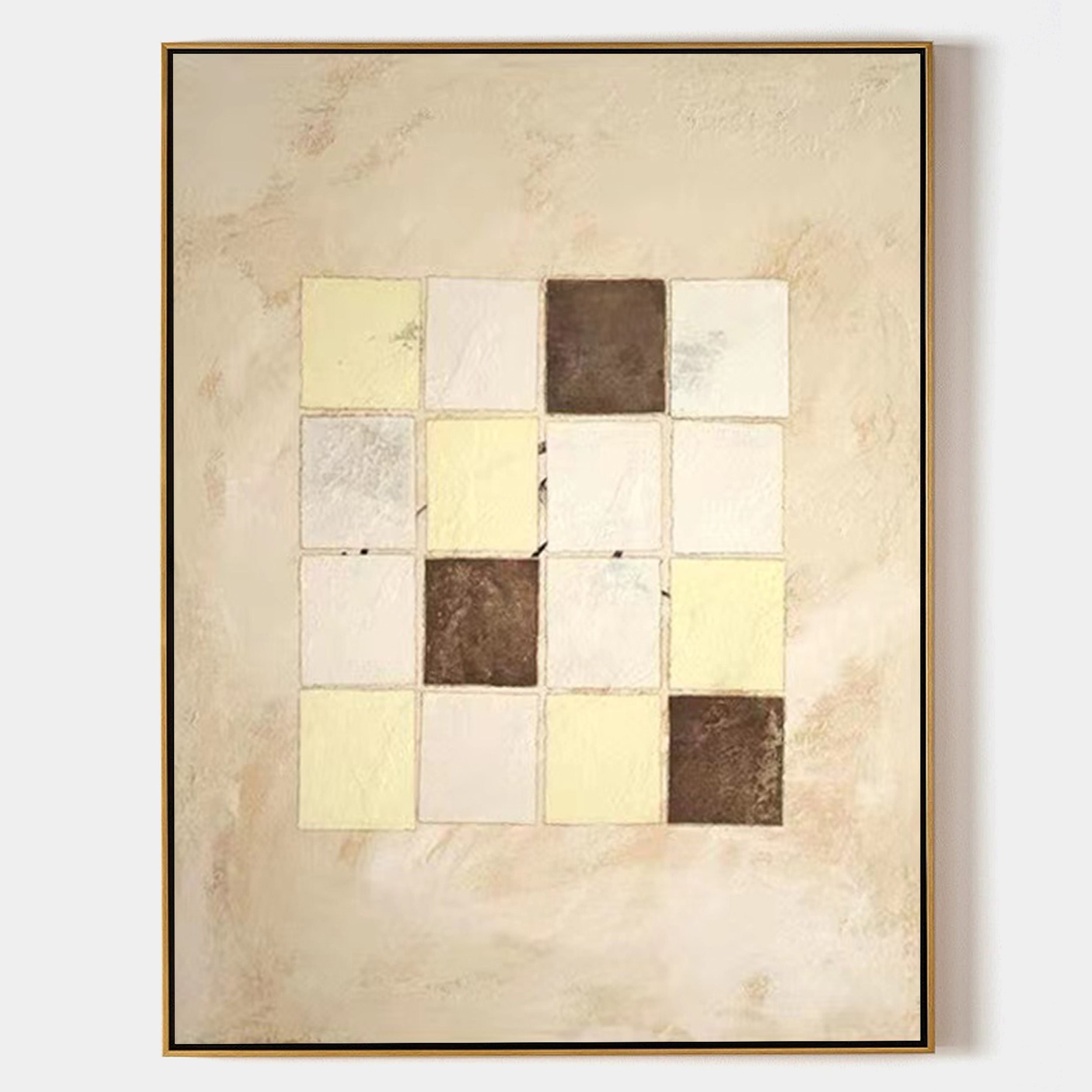 Original hand painted ivory cream brown geometric squares oil painting canvas wall art, nordic scandinavian minimalist elegant luxury m