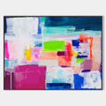 Original hand painted teal magenta abstract oil painting canvas wall art, modern elegant luxury bold colorful geometric nordic home dec