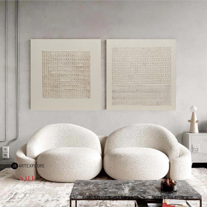 Original hand painted ivory cream textured abstract oil painting canvas set of 2 wall art, nordic scandinavian minimalist elegant luxur