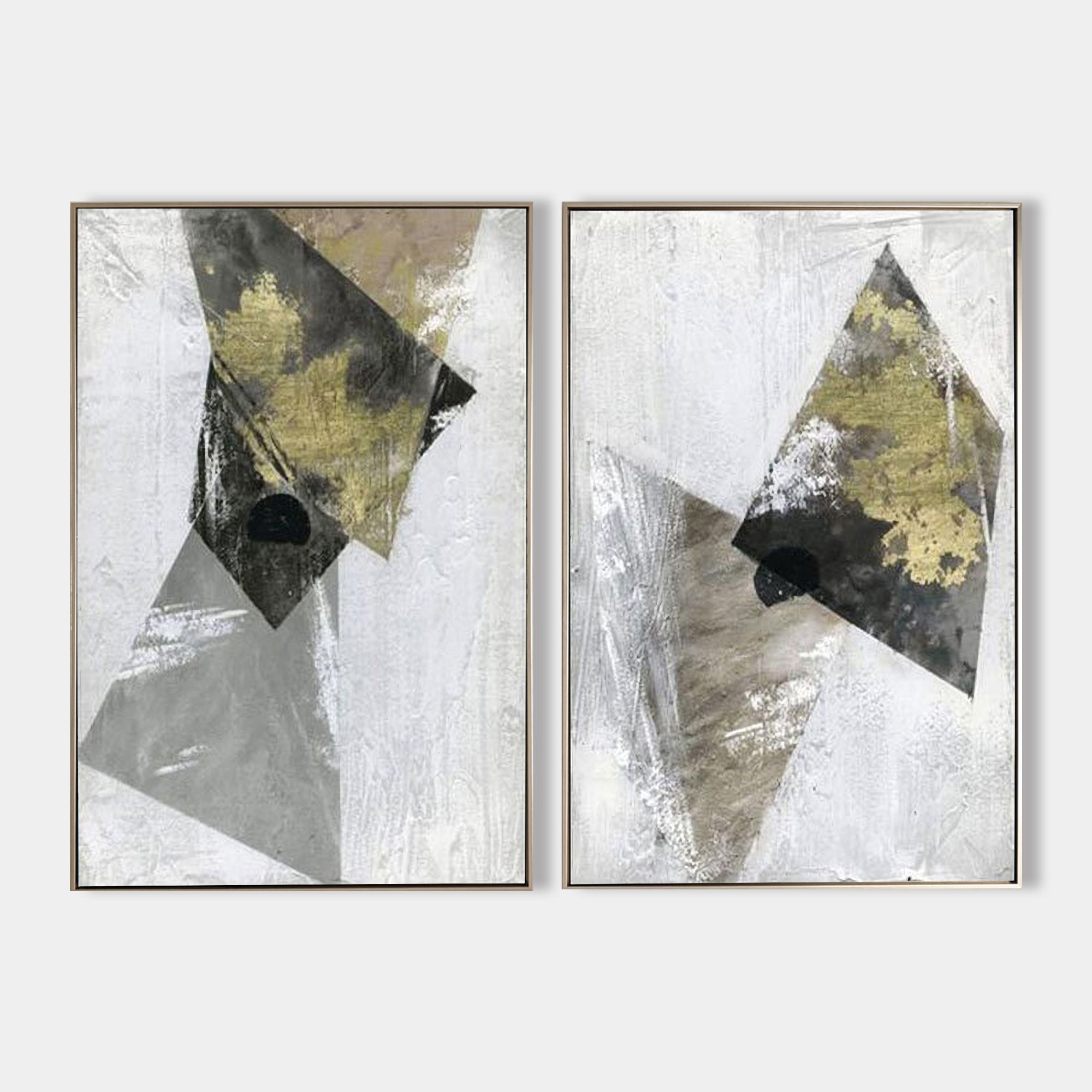 Original hand painted gold charcoal geometric abstract oil painting canvas set, nordic scandinavian minimalist elegant luxury modern li