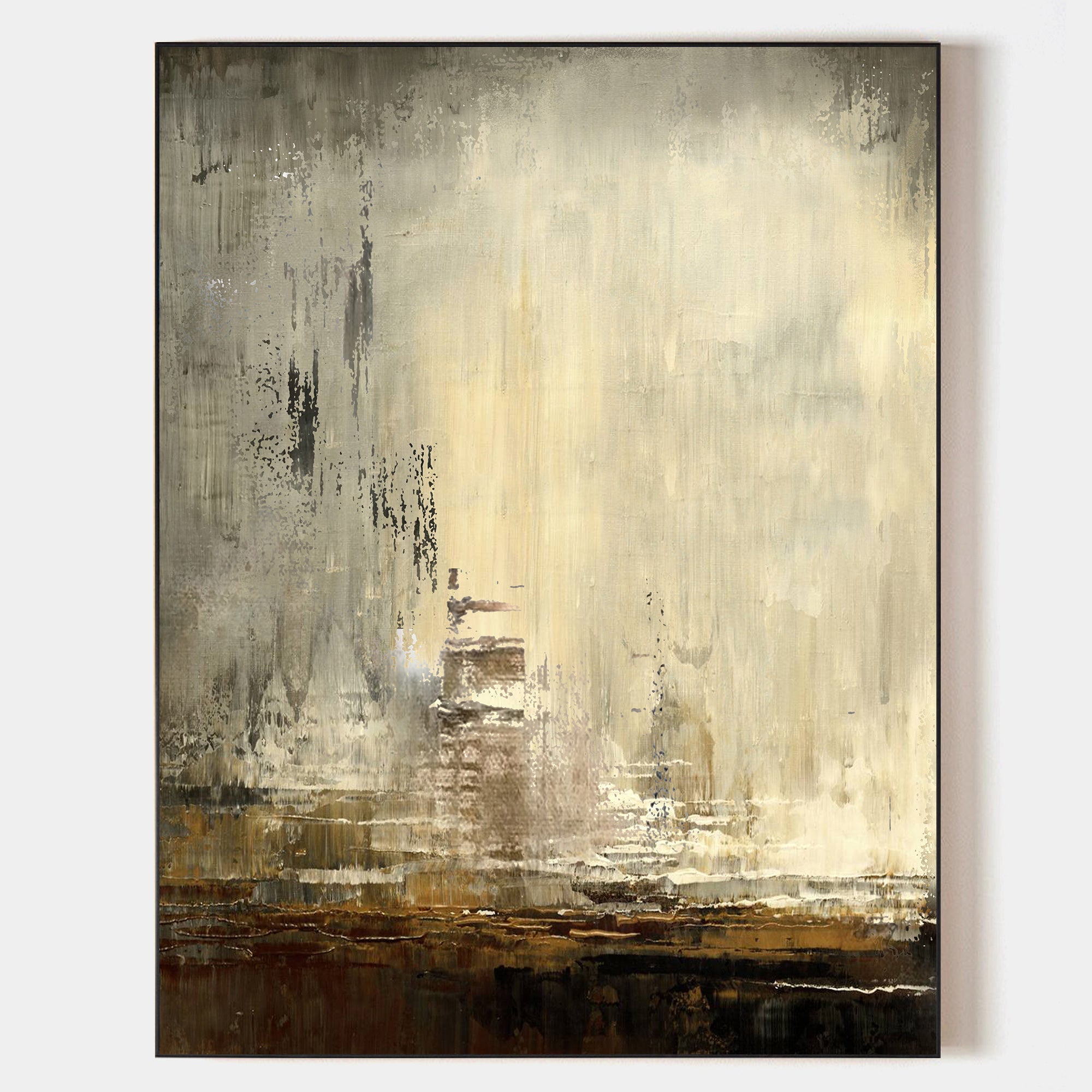 Original hand painted amber ivory charcoal abstract oil painting canvas wall art, nordic scandinavian elegant atmospheric luxury modern