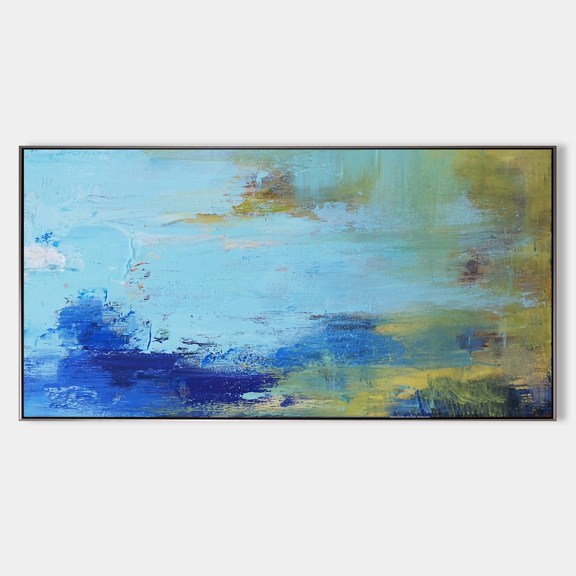 Original hand painted sky blue navy abstract coastal oil painting canvas wall art, scandinavian elegant luxury modern living room inter
