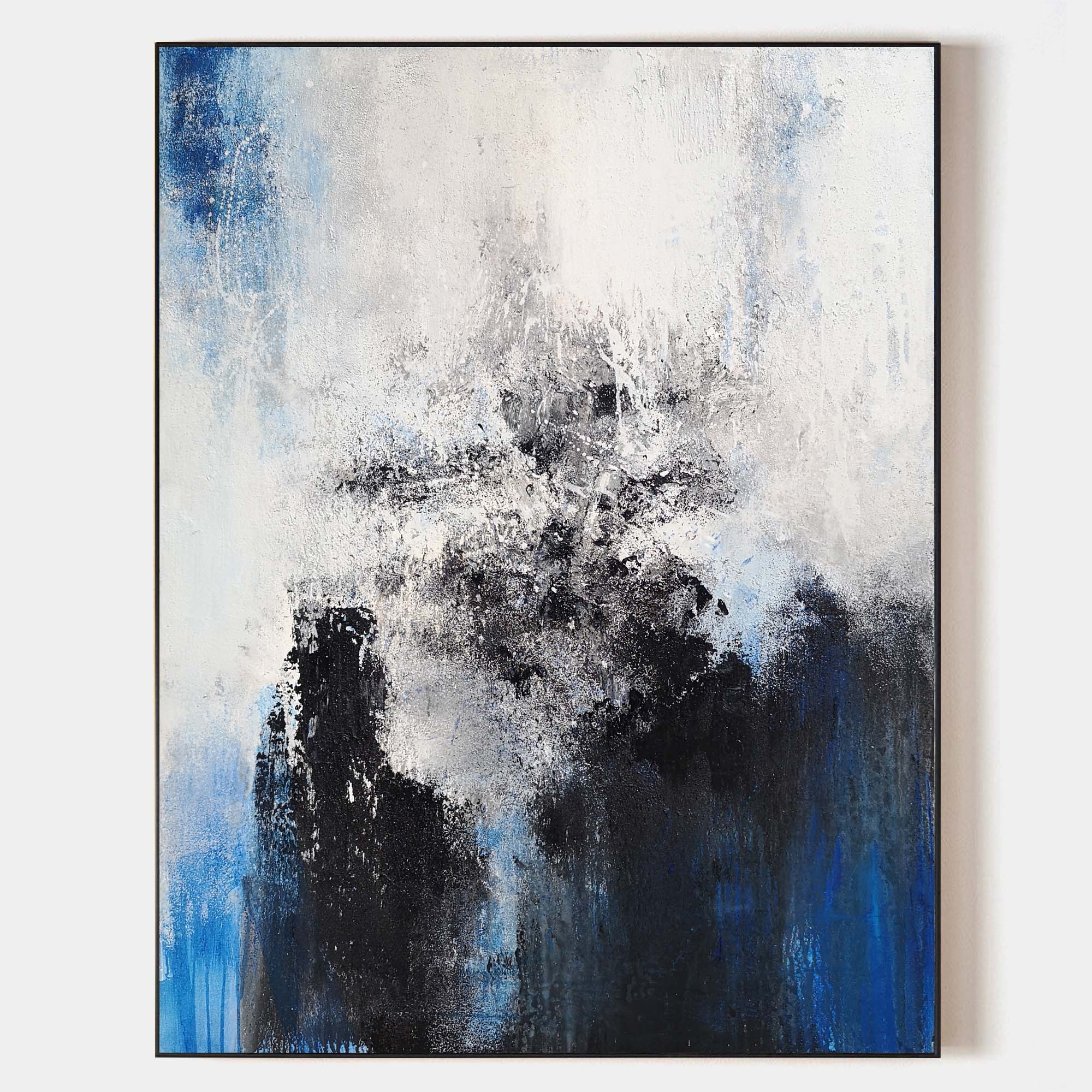 Original hand painted navy blue black white abstract oil painting canvas wall art, coastal nordic scandinavian elegant luxury modern li