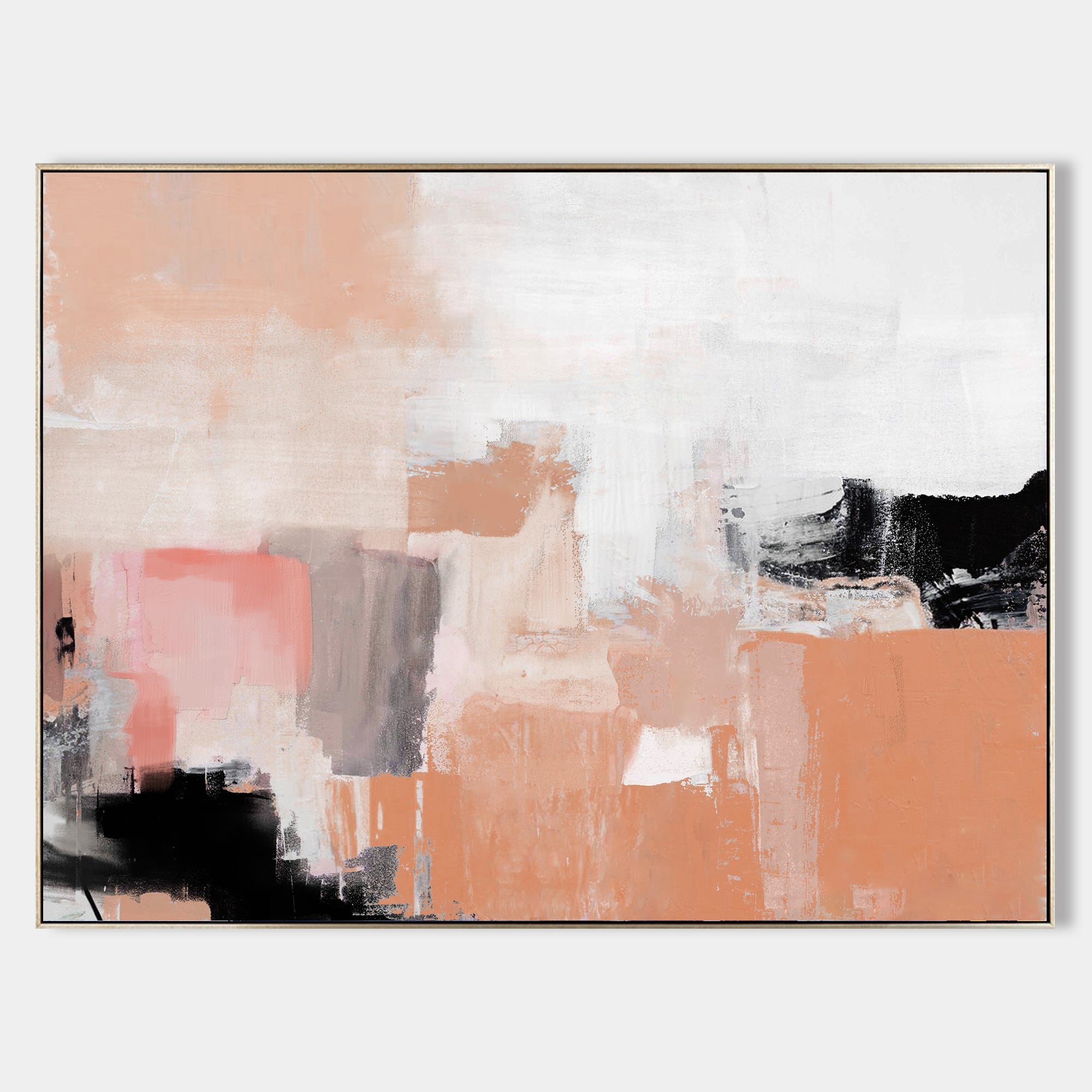 Original hand painted blush peach black abstract oil painting canvas wall art, nordic scandinavian elegant luxury modern living room ho