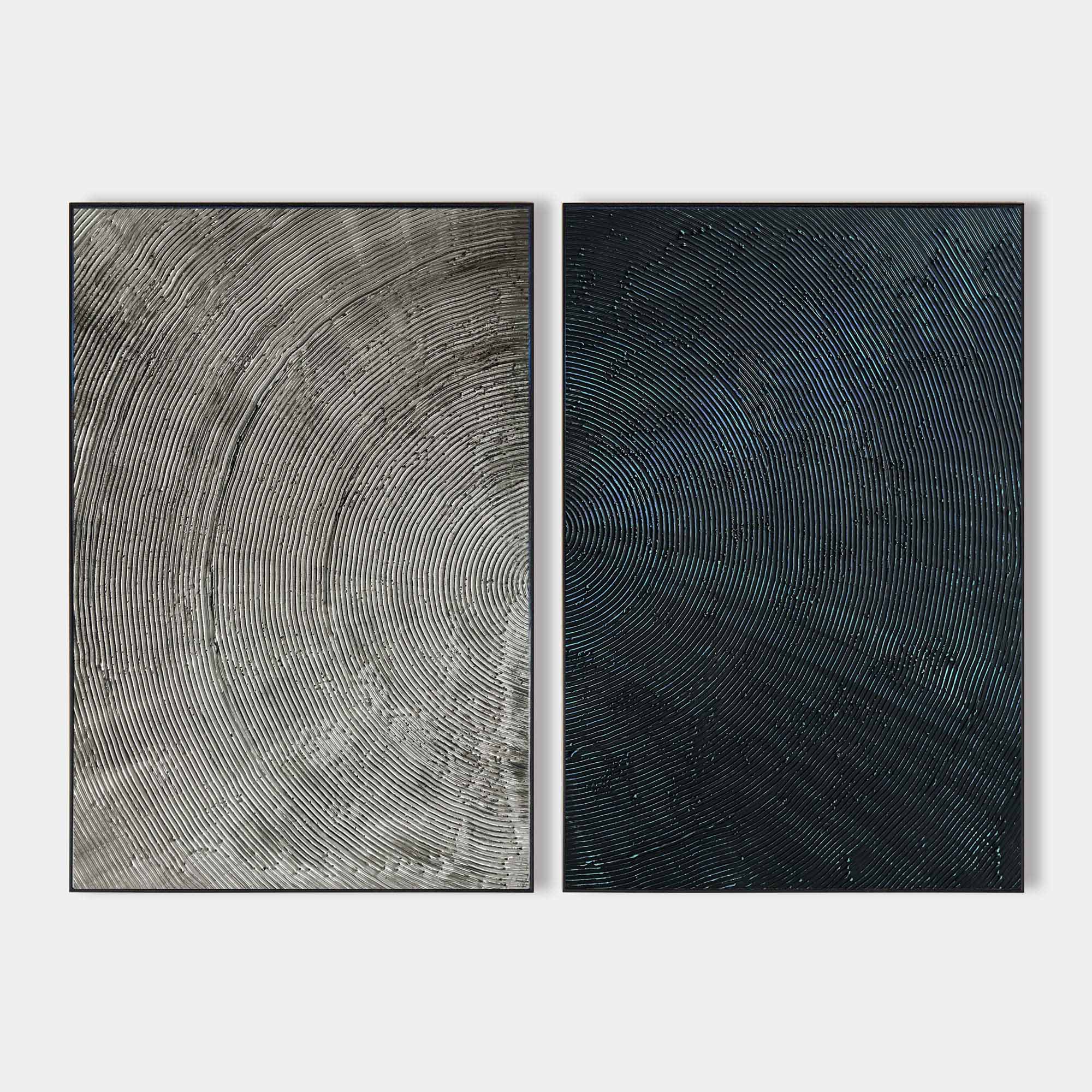 Original hand painted silver onyx concentric swirl abstract oil painting diptych canvas wall art, nordic scandinavian elegant luxury mo