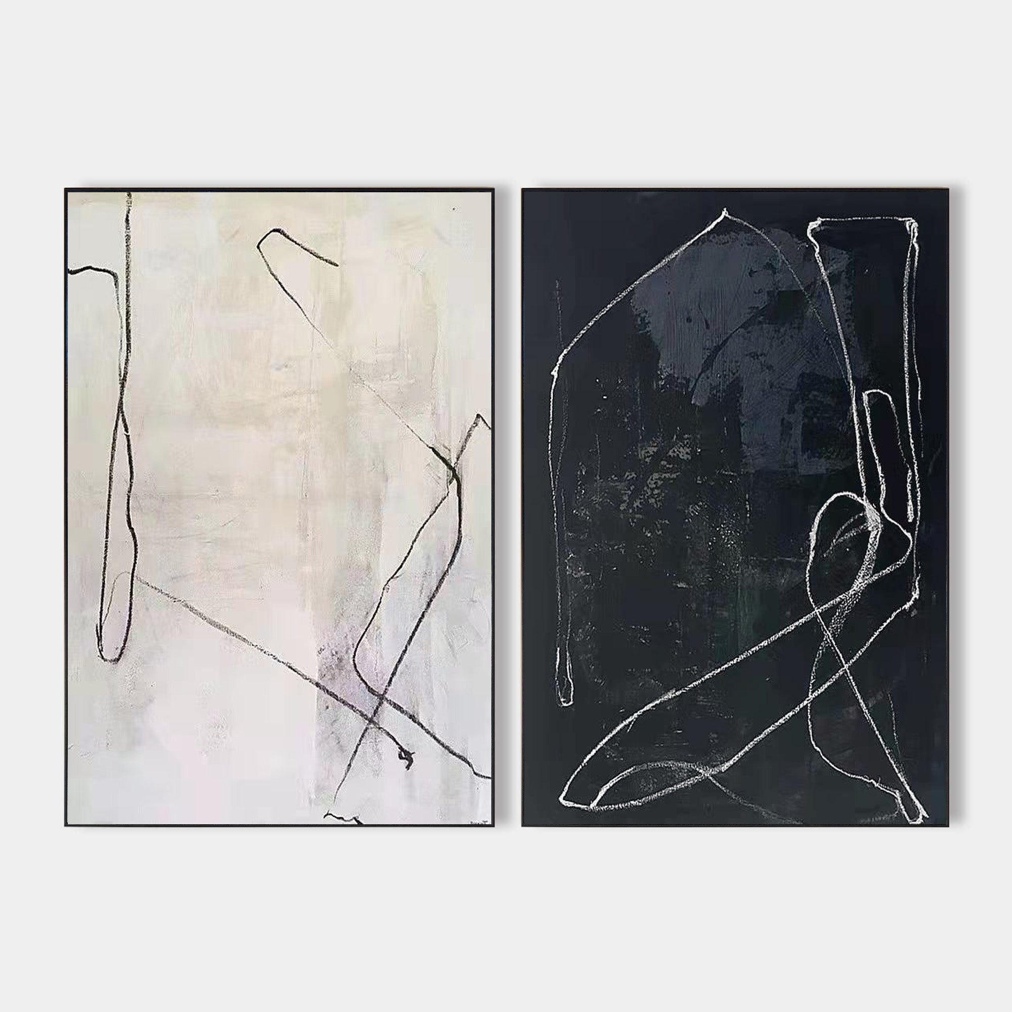 Original hand painted black ivory abstract diptych oil painting canvas wall art, nordic scandinavian gestural minimalist elegant luxury