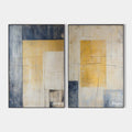 Original hand painted golden yellow navy blue geometric abstract oil painting diptych canvas wall art, nordic scandinavian elegant luxu