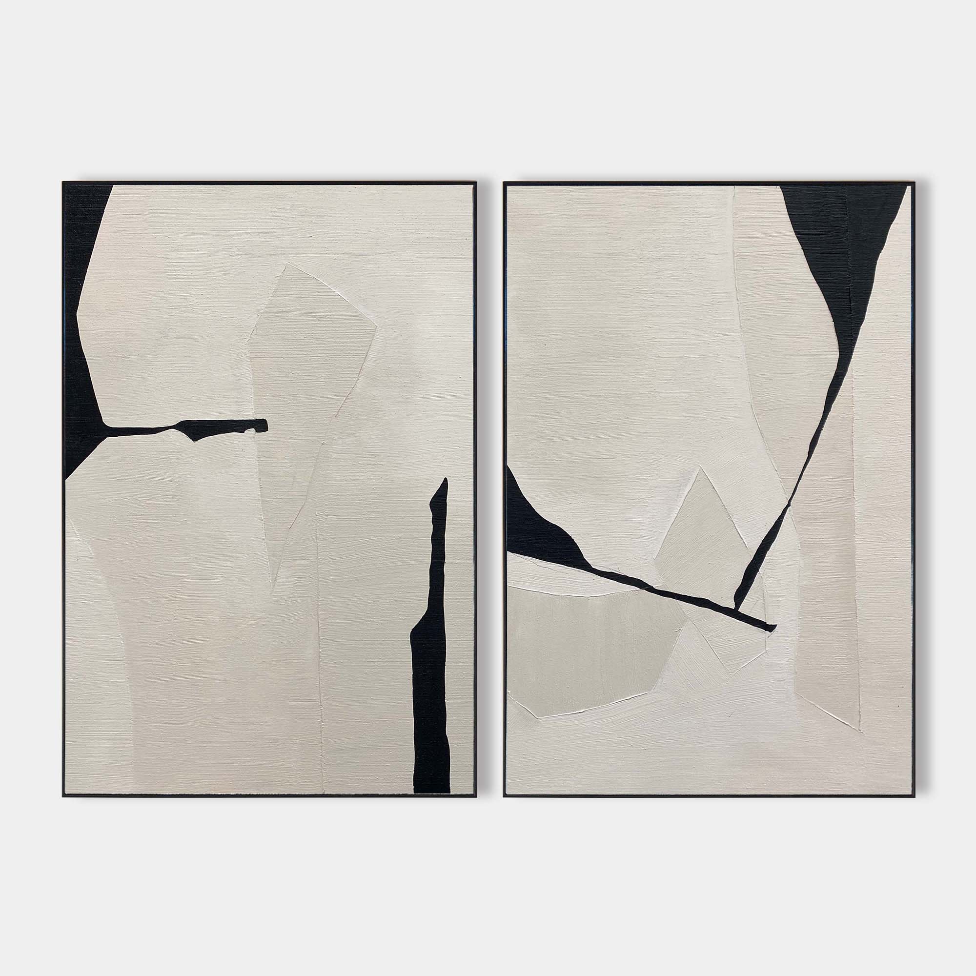 Original hand painted black ivory abstract oil painting diptych canvas wall art, nordic scandinavian minimalist elegant luxury modern h