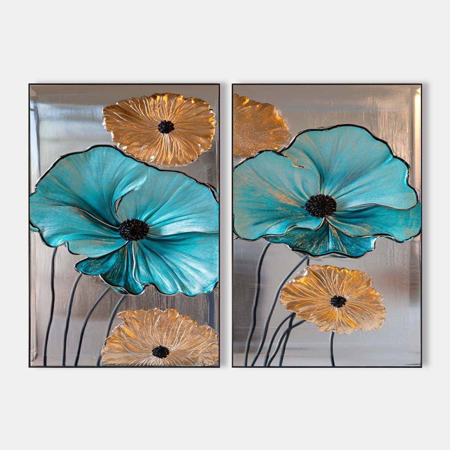 Original hand painted teal gold floral oil painting canvas wall art set, elegant luxury modern nordic scandinavian botanical home decor