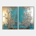 Original hand painted teal gold silver botanical oil painting canvas wall art set, elegant luxury modern coastal nordic scandinavian in