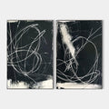 Original hand painted black white swirling abstract oil painting diptych canvas wall art, nordic scandinavian elegant luxury modern hom