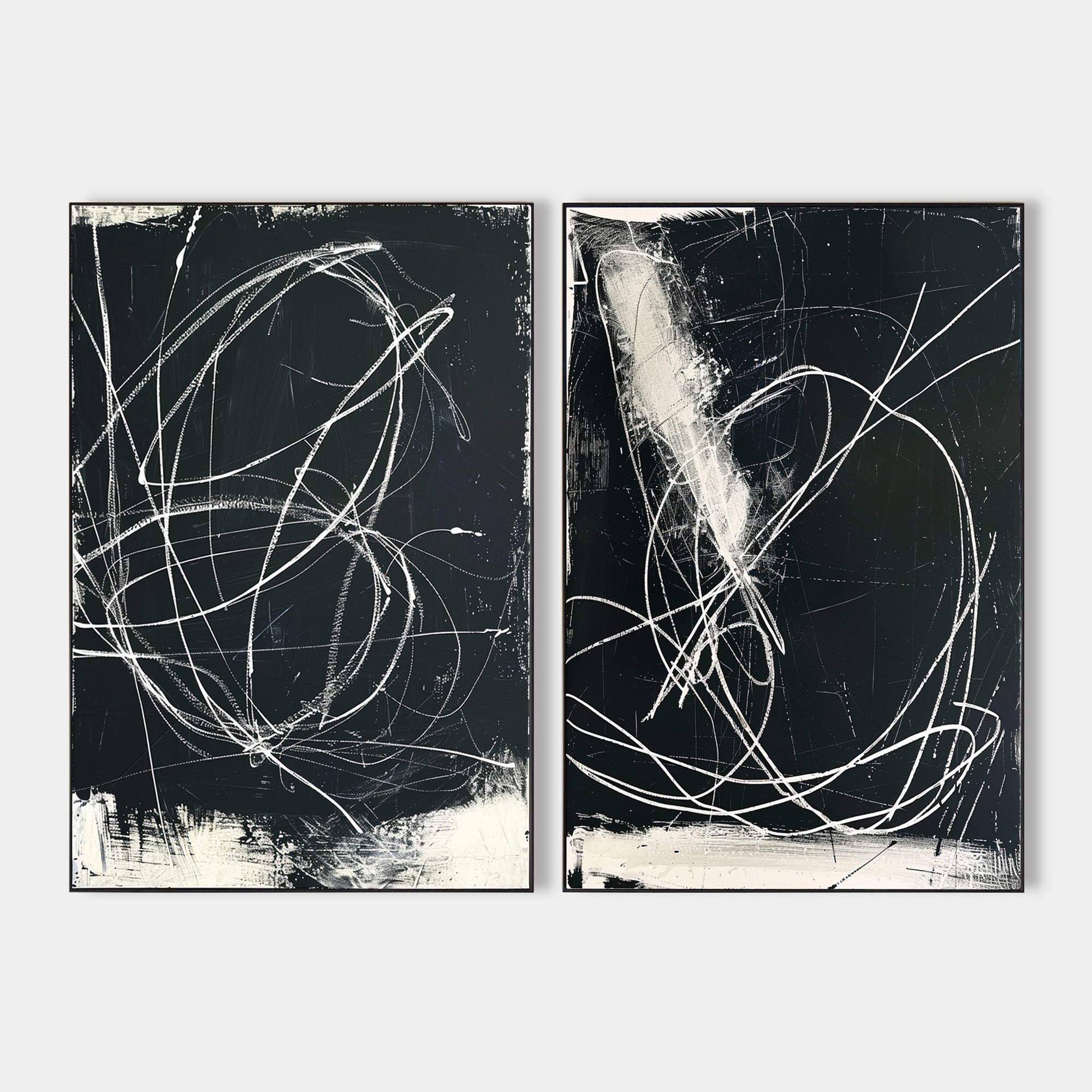 Original hand painted black white swirling abstract oil painting diptych canvas wall art, nordic scandinavian elegant luxury modern hom