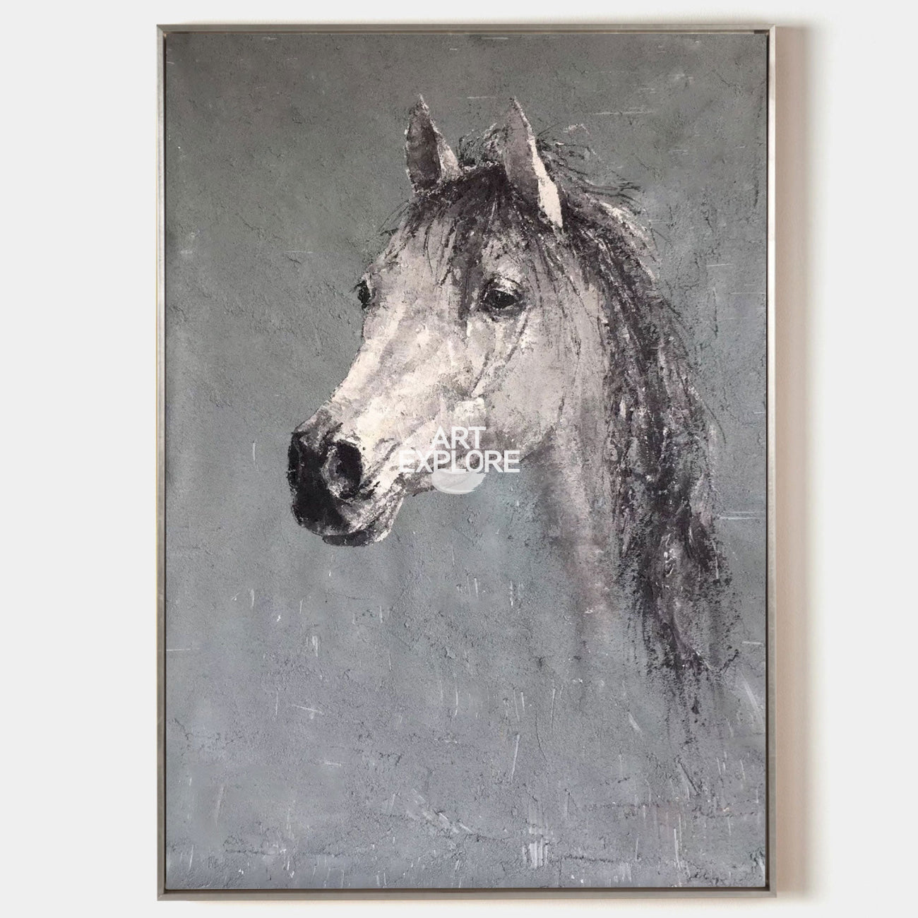 Original hand painted grey monochrome horse portrait oil painting canvas wall art, nordic scandinavian elegant luxury modern living roo