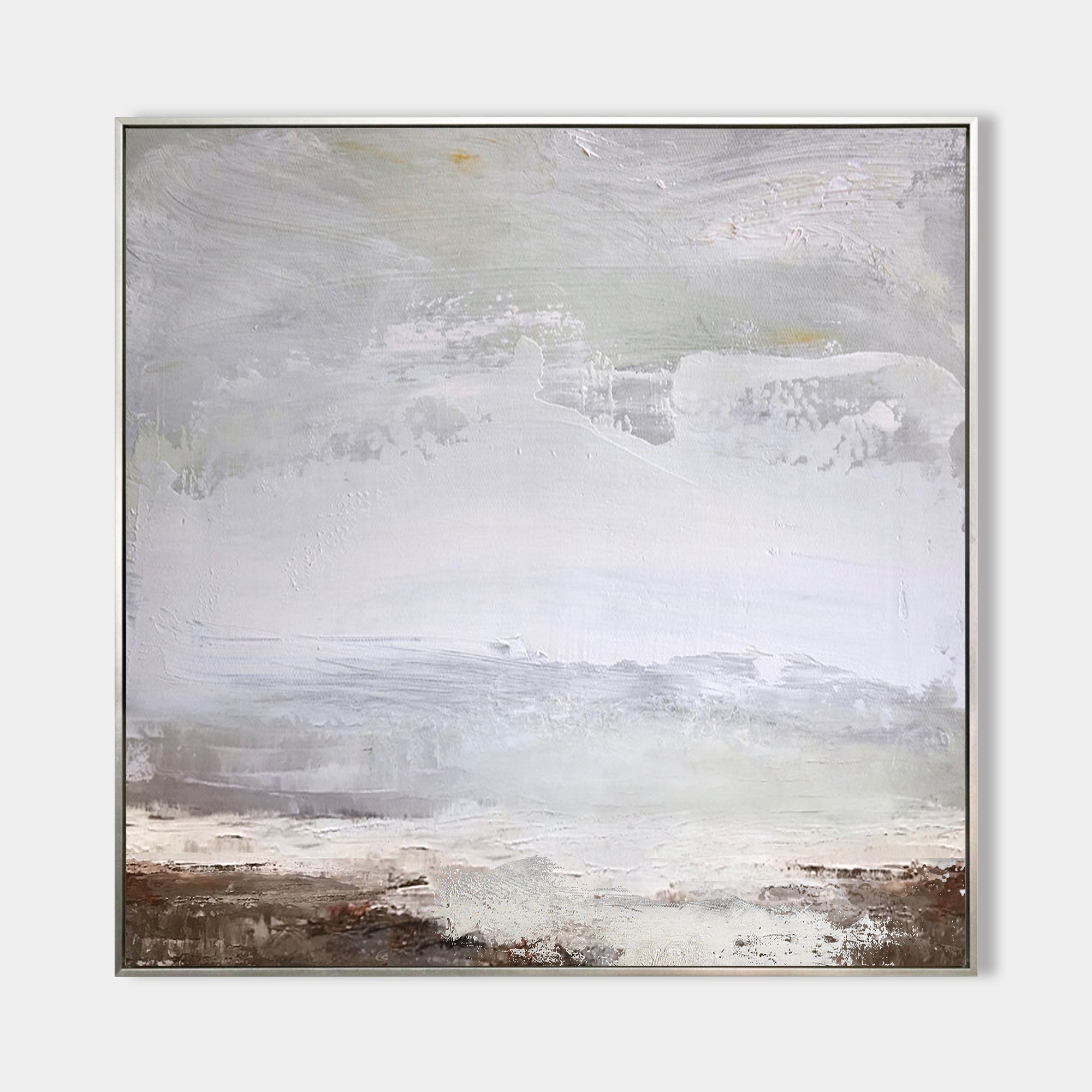 Hand painted original misty white grey abstract coastal oil painting canvas wall art, nordic scandinavian minimalist elegant luxury mod