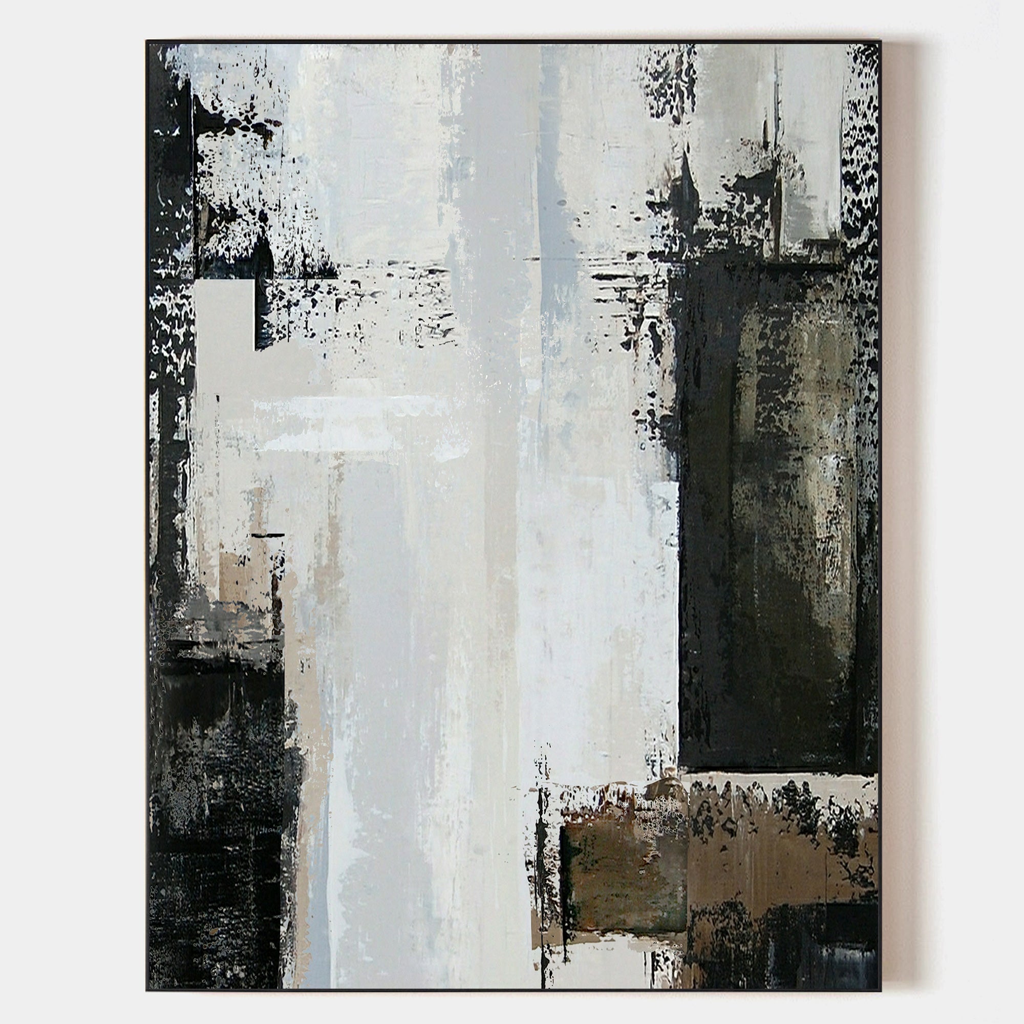 Original hand painted black white taupe geometric abstract oil painting canvas wall art, nordic scandinavian elegant luxury modern inte