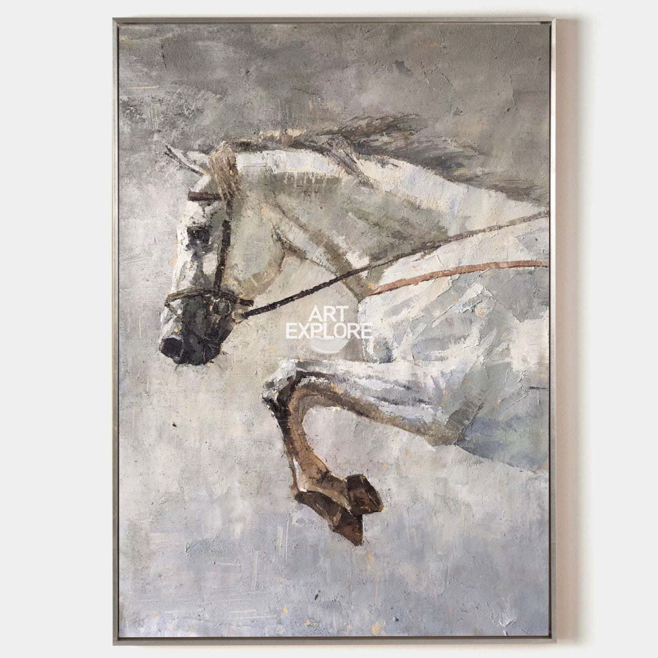 Original hand painted grey ivory white horse abstract oil painting canvas wall art, nordic scandinavian elegant luxury modern home deco