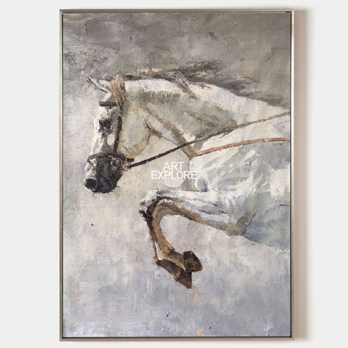 Original hand painted grey ivory white horse abstract oil painting canvas wall art, nordic scandinavian elegant luxury modern home deco