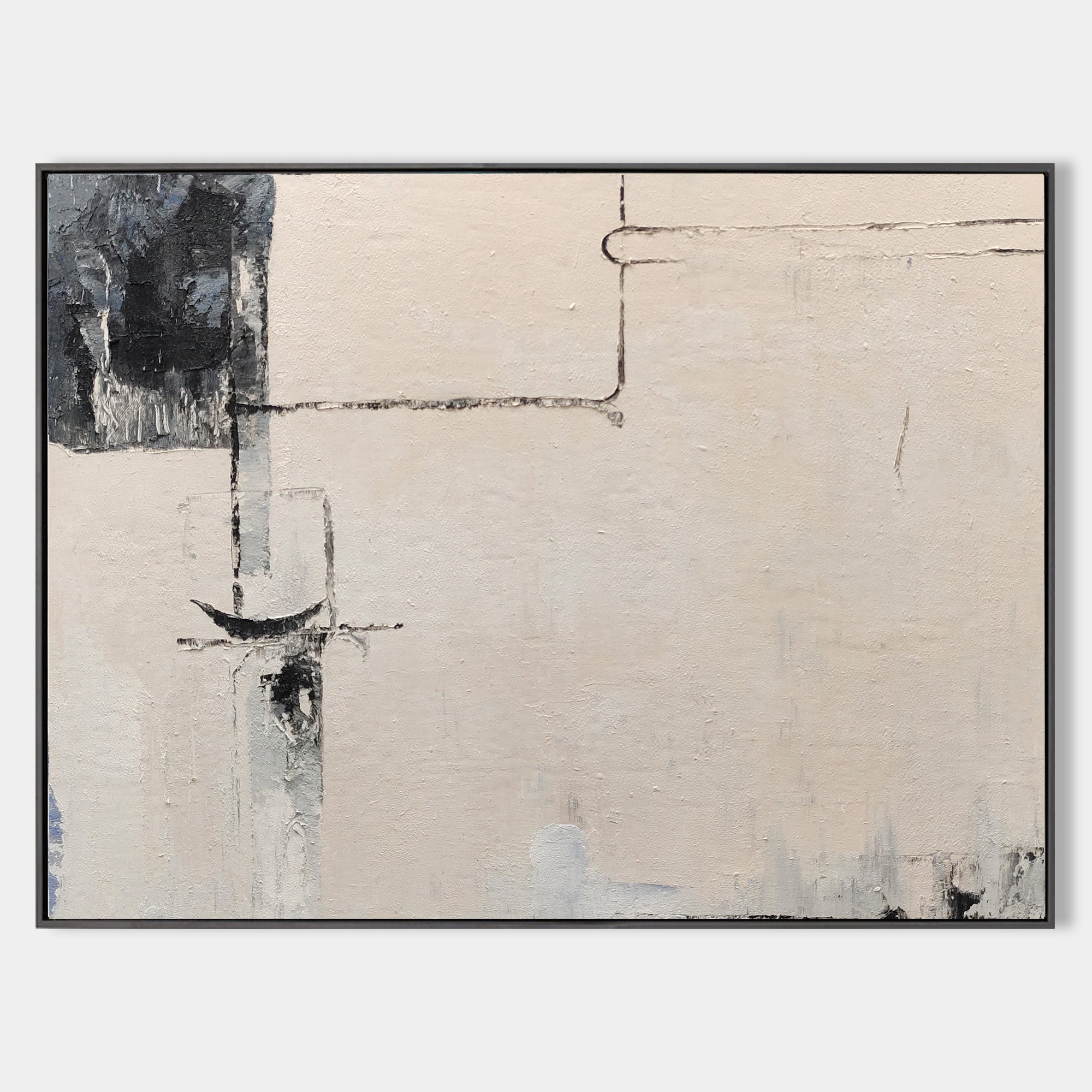 Original hand painted ivory charcoal abstract oil painting canvas wall art, nordic scandinavian minimalist geometric elegant luxury mod