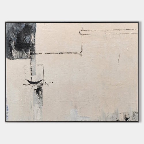 Original hand painted ivory charcoal abstract oil painting canvas wall art, nordic scandinavian minimalist geometric elegant luxury mod