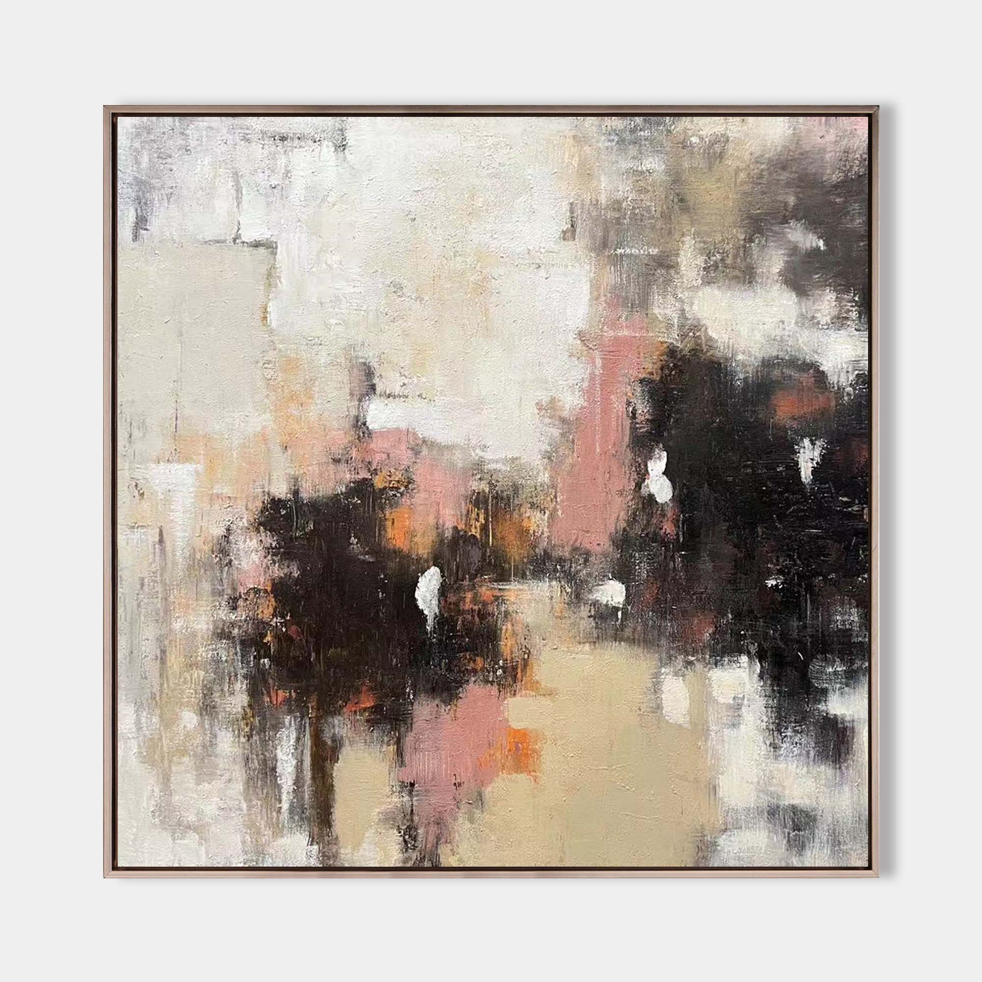Original hand painted blush pink espresso abstract oil painting canvas wall art, nordic scandinavian elegant luxury modern living room