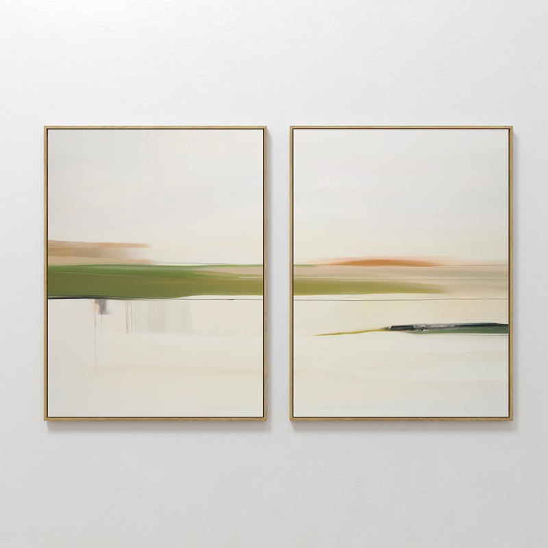 Original hand painted sage green ivory abstract landscape oil painting canvas wall art set of 2, nordic scandinavian elegant minimalist luxury modern