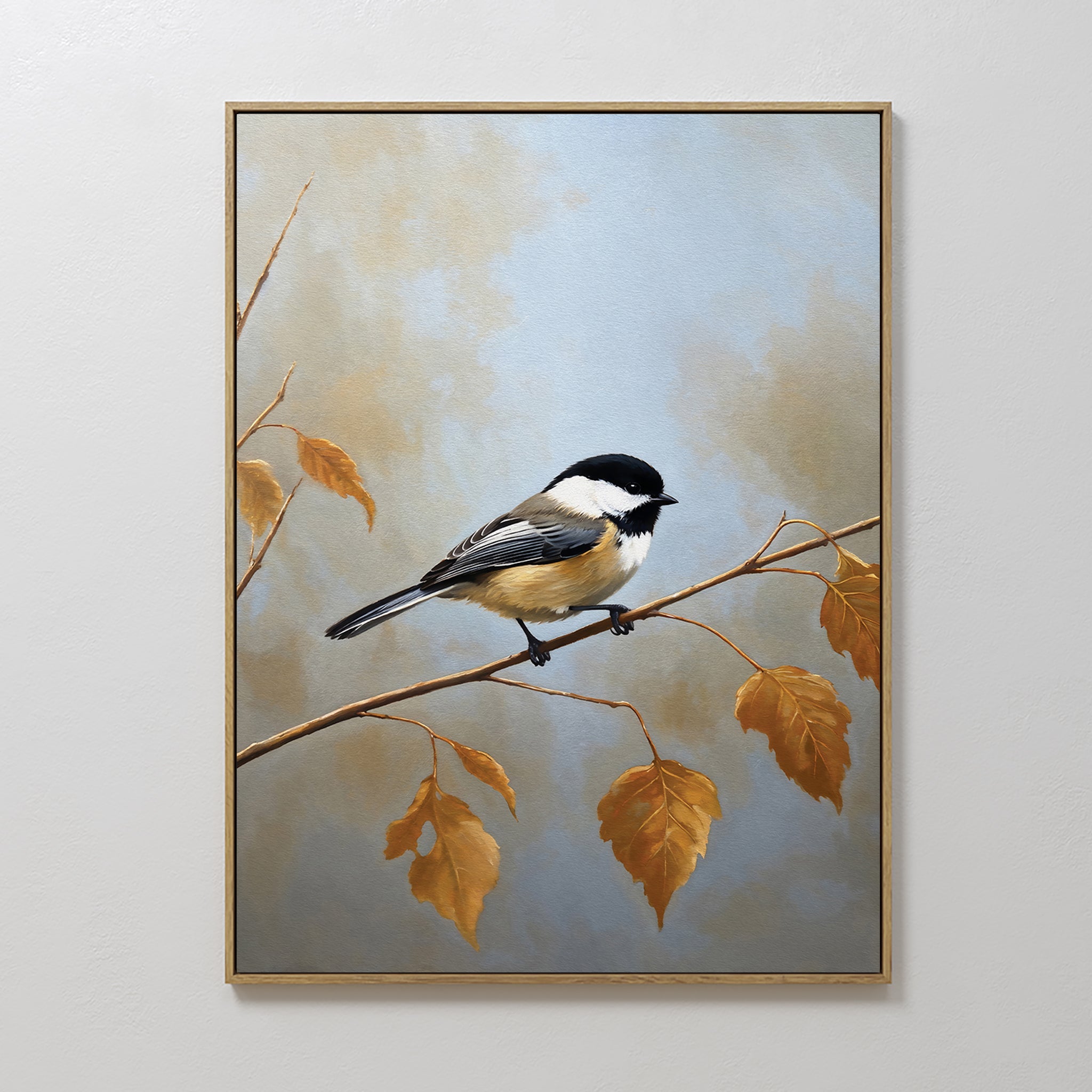 Hand painted original chickadee oil painting canvas wall art, golden amber autumn leaves blue grey background elegant luxury nordic scandinavian moder