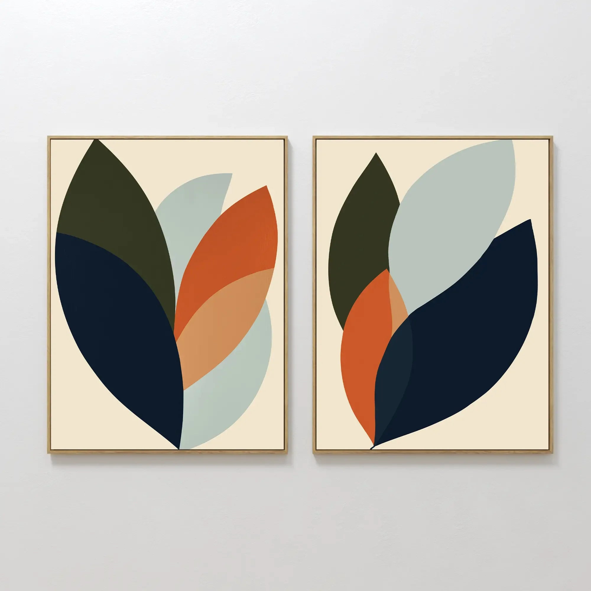Original hand painted navy olive rust orange abstract botanical leaf oil painting canvas wall art set of 2 nordic scandinavian elegant luxury modern h