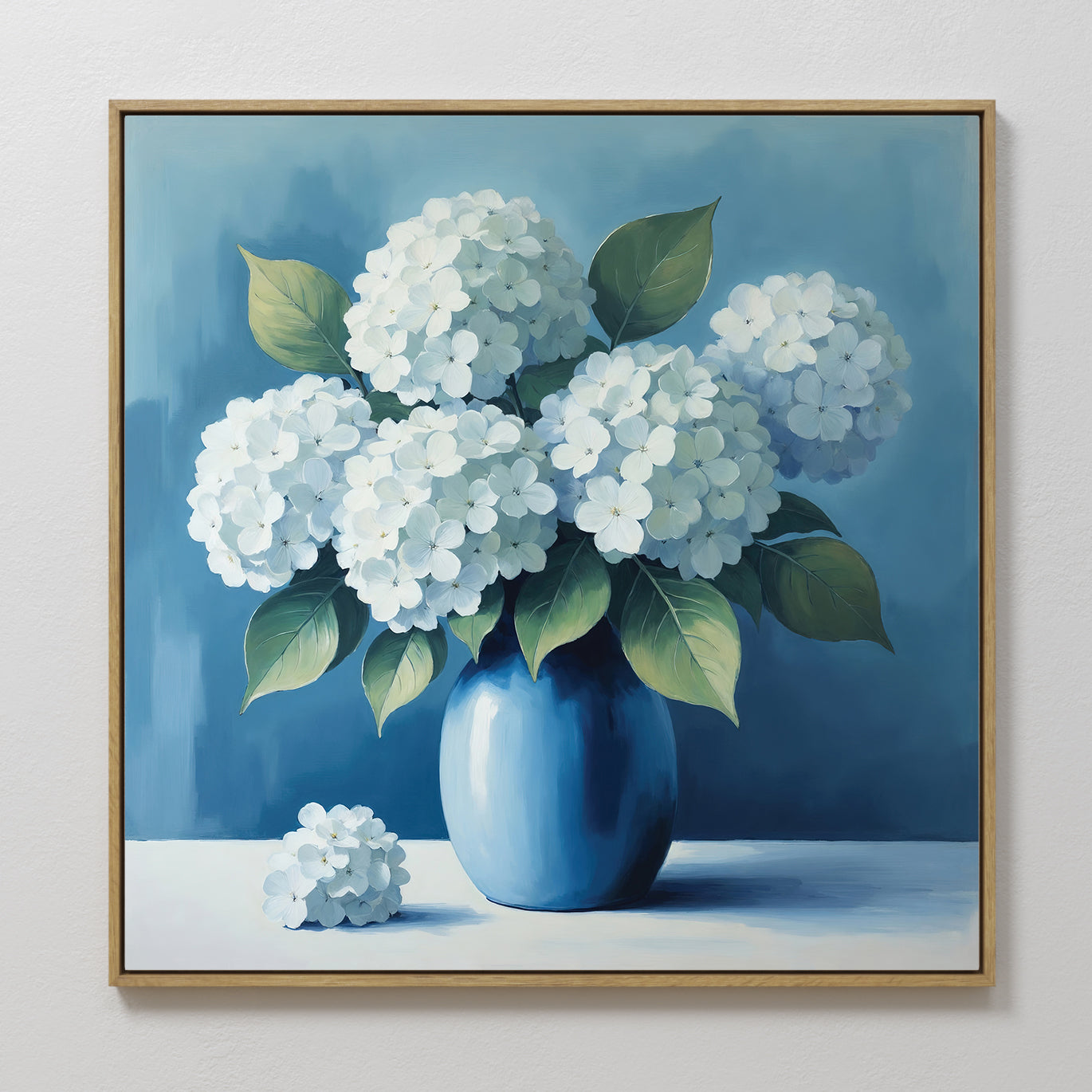 Original hand painted white hydrangea bouquet blue vase oil painting canvas wall art, nordic scandinavian elegant luxury modern home decor interior de