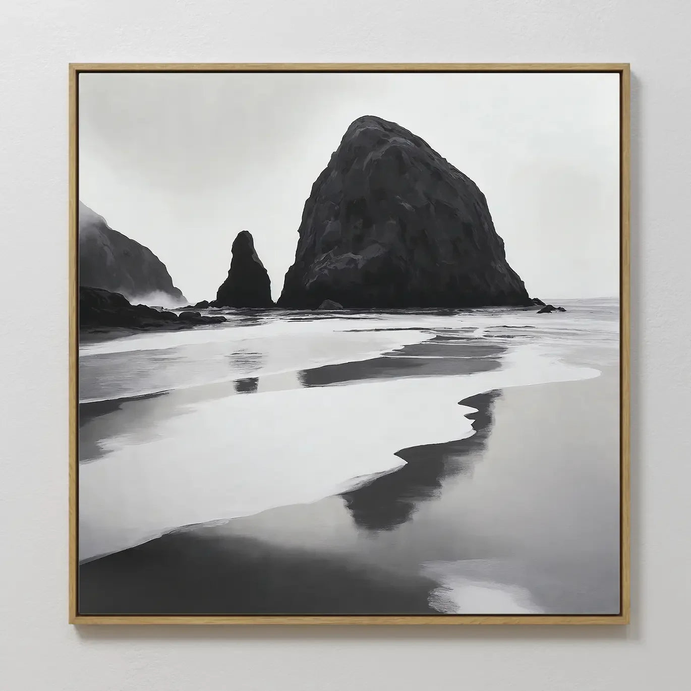 Hand painted original black white coastal sea stack oil painting canvas wall art, nordic scandinavian minimalist elegant luxury modern living room hom