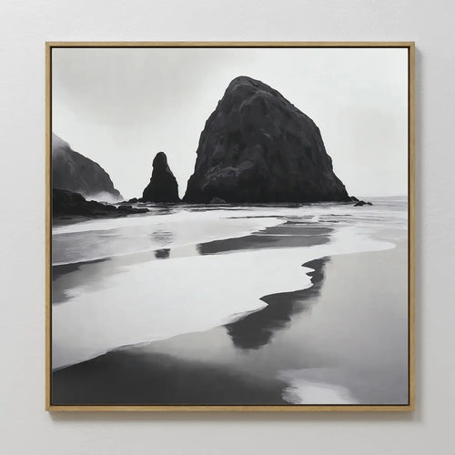 Hand painted original black white coastal sea stack oil painting canvas wall art, nordic scandinavian minimalist elegant luxury modern living room hom
