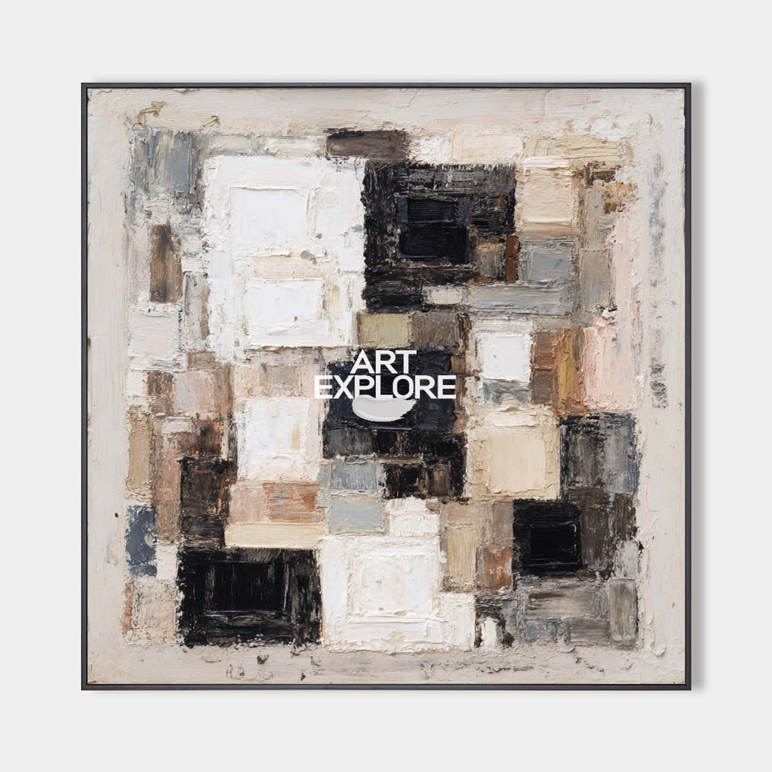 Original hand painted ash grey geometric abstract oil painting canvas wall art, nordic scandinavian minimalist elegant luxury modern li