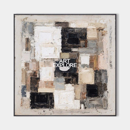 Original hand painted ash grey geometric abstract oil painting canvas wall art, nordic scandinavian minimalist elegant luxury modern li