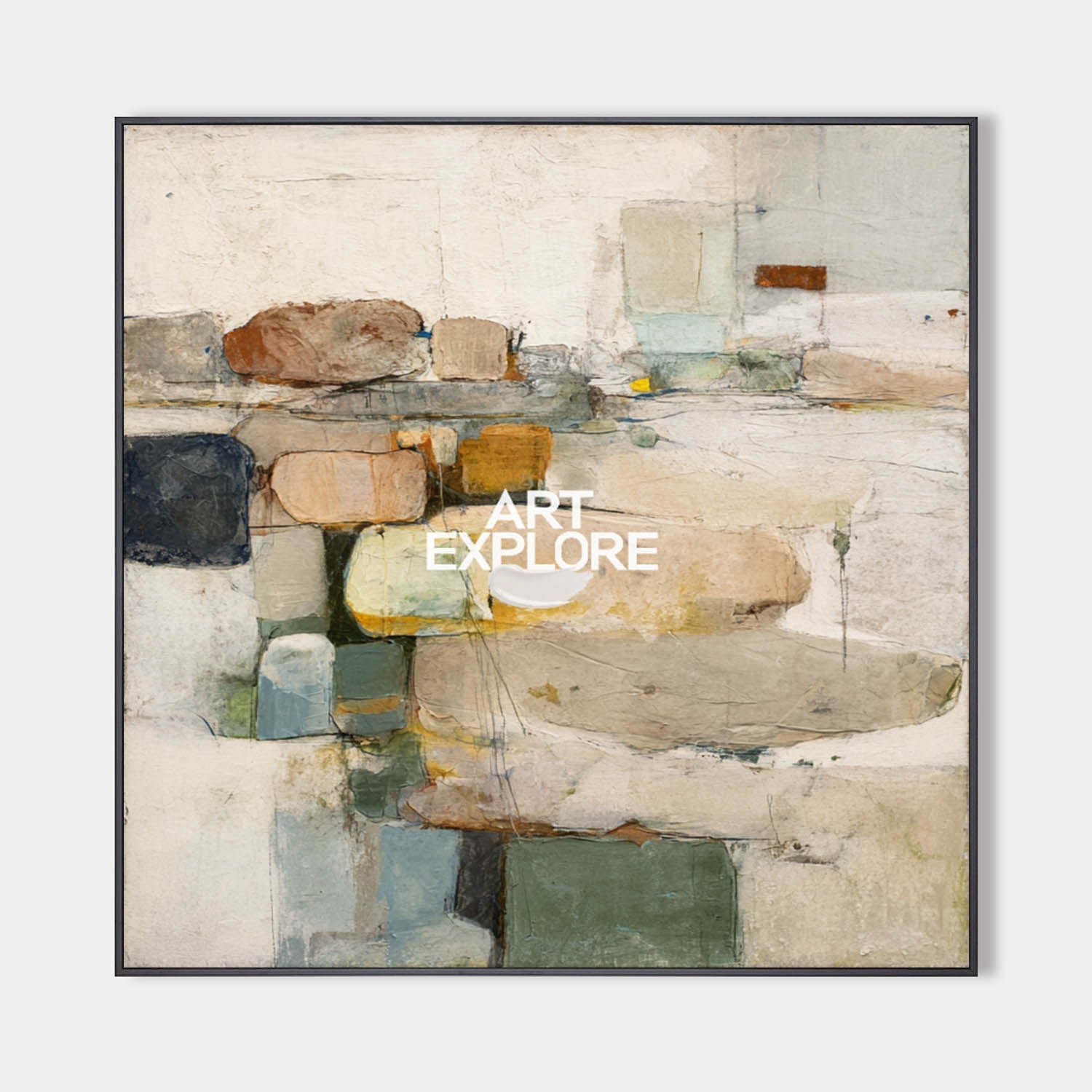 Original hand painted amber sage geometric abstract oil painting canvas wall art, nordic scandinavian elegant luxury modern living room