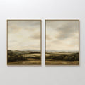 Original hand painted olive green golden brown valley landscape oil painting canvas wall art set of 2, nordic scandinavian elegant luxury modern home