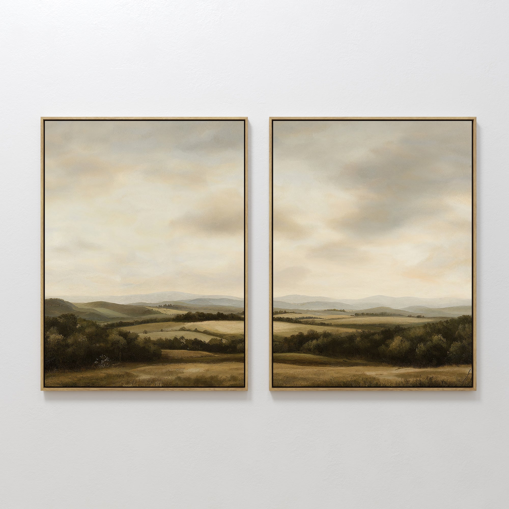 Original hand painted olive green golden brown valley landscape oil painting canvas wall art set of 2, nordic scandinavian elegant luxury modern home