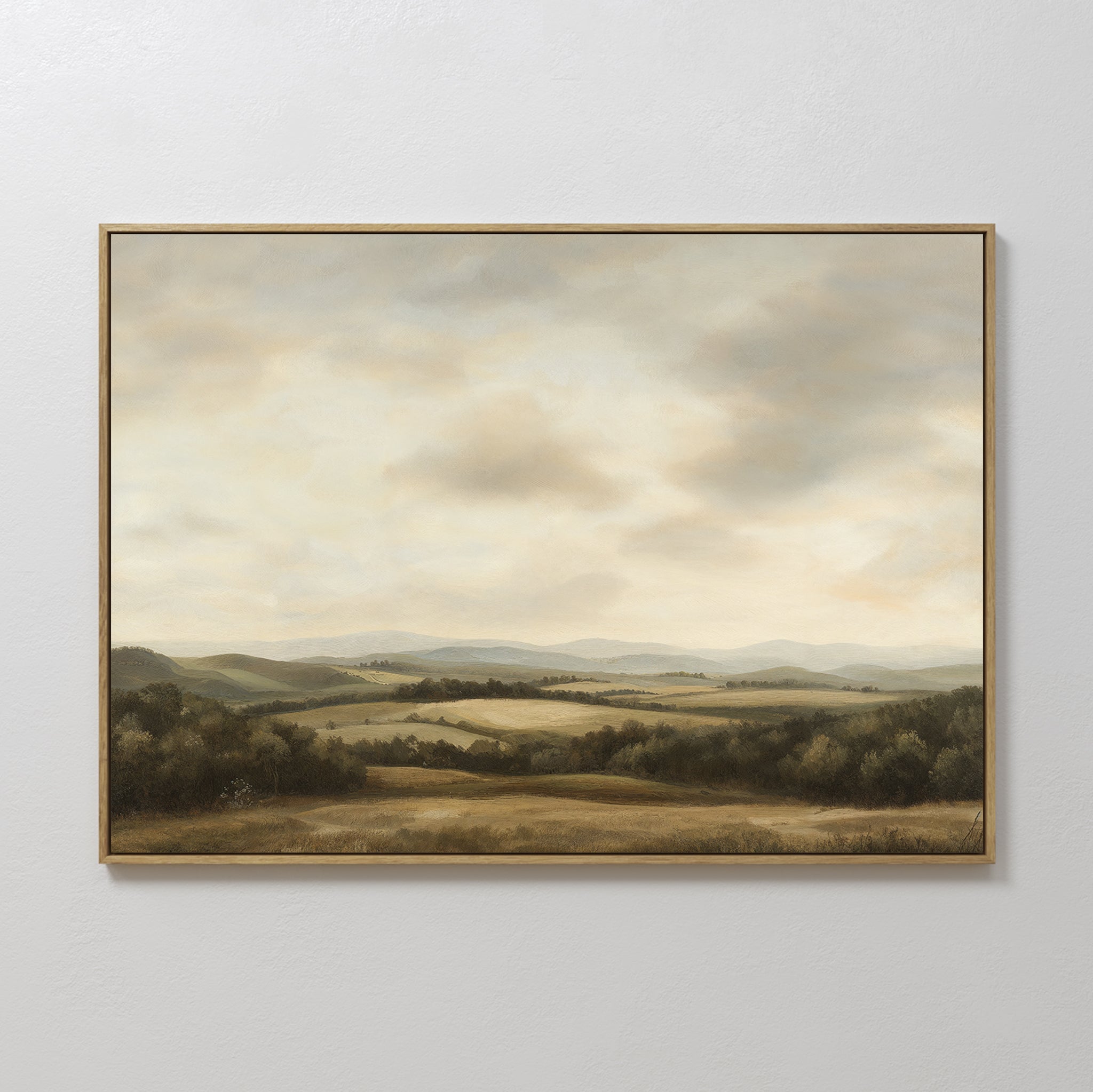 Original hand painted golden olive green rolling hills valley landscape oil painting canvas wall art, vintage elegant luxury nordic scandinavian moder