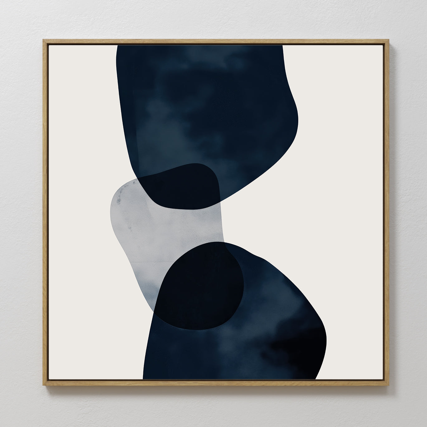 Original hand painted navy blue organic abstract oil painting canvas wall art, fluid shapes cream background nordic scandinavian elegant luxury modern