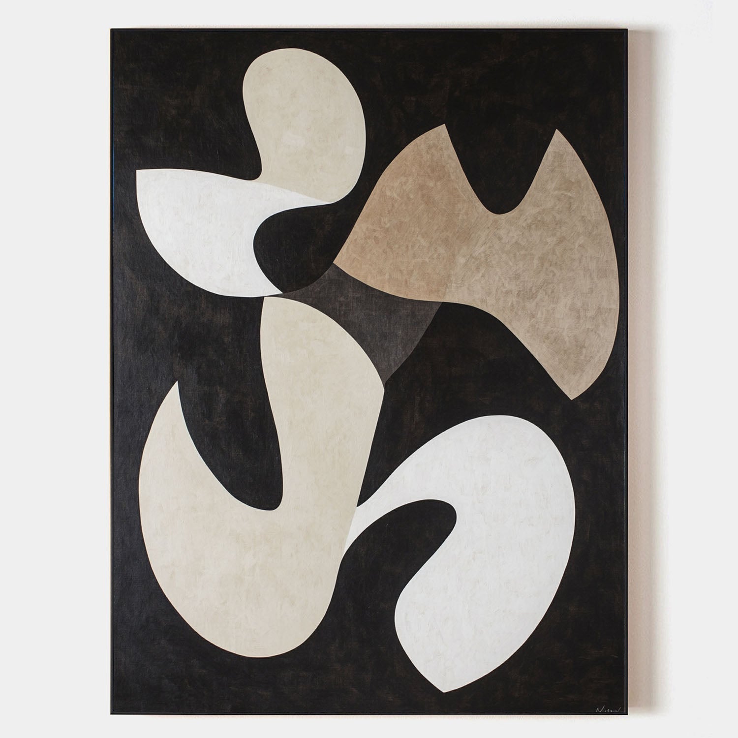 Original hand painted black ivory abstract oil painting canvas wall art, bold organic shapes scandinavian minimalist elegant luxury mod
