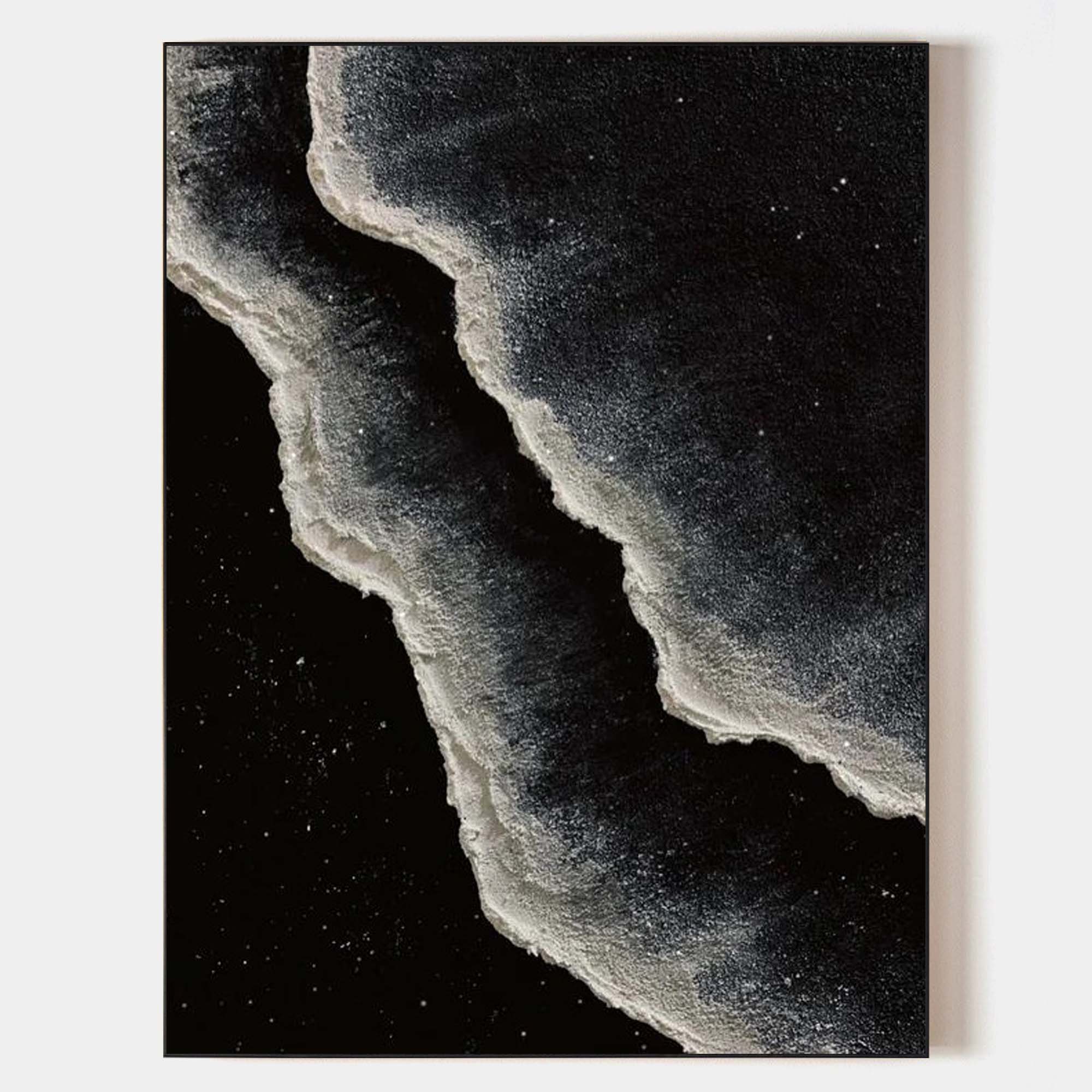 Original hand painted black ivory textured coastal wave abstract oil painting canvas wall art, nordic scandinavian elegant luxury moder