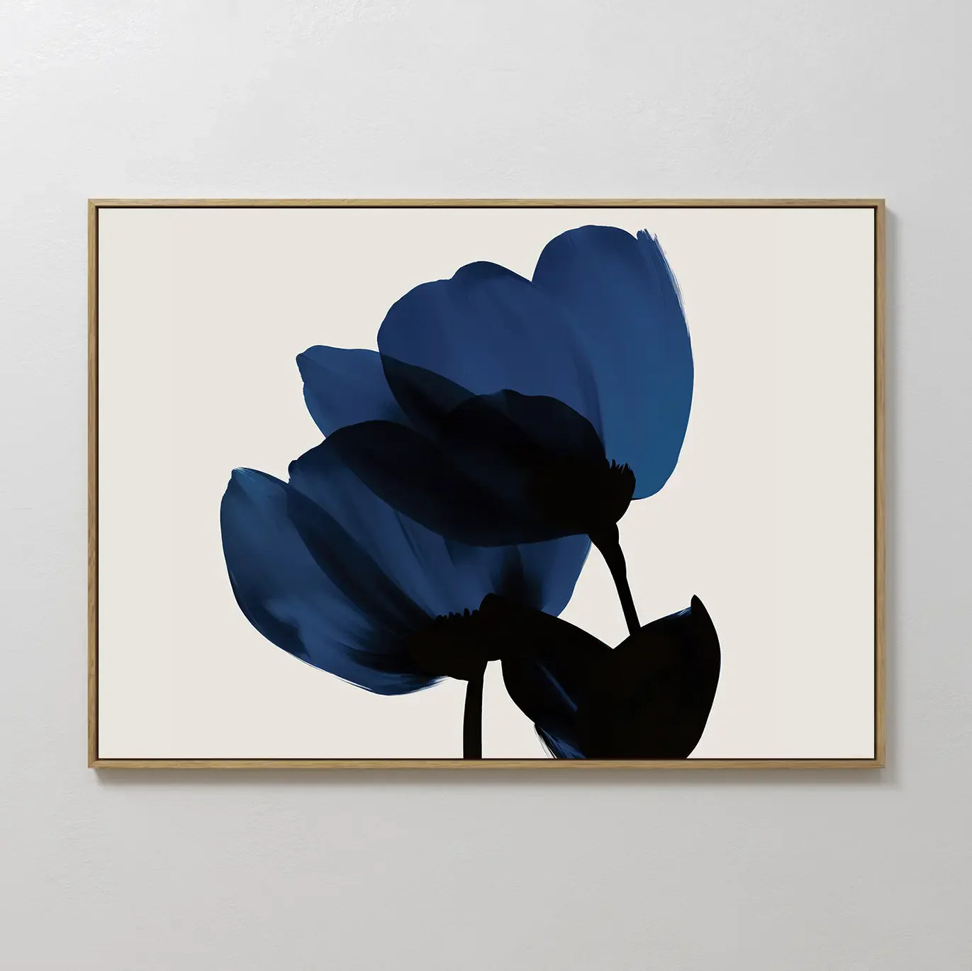 Original hand painted navy blue floral silhouette oil painting canvas wall art, nordic scandinavian elegant luxury modern minimalist home decor interi