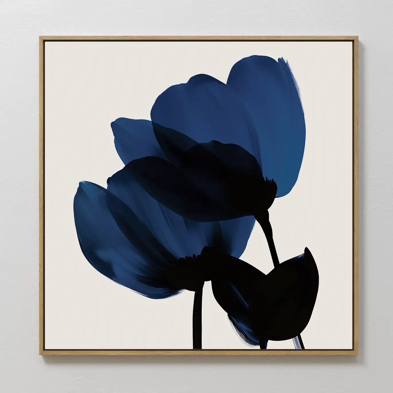Hand painted original navy midnight blue botanical floral silhouette oil painting canvas wall art, nordic scandinavian elegant luxury modern interior
