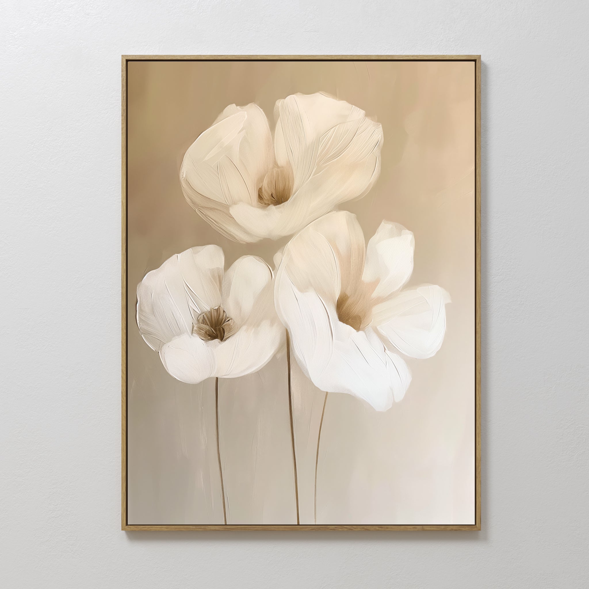 Original hand painted ivory white three-bloom floral oil painting canvas wall art, nordic scandinavian elegant luxury minimalist modern living room ho