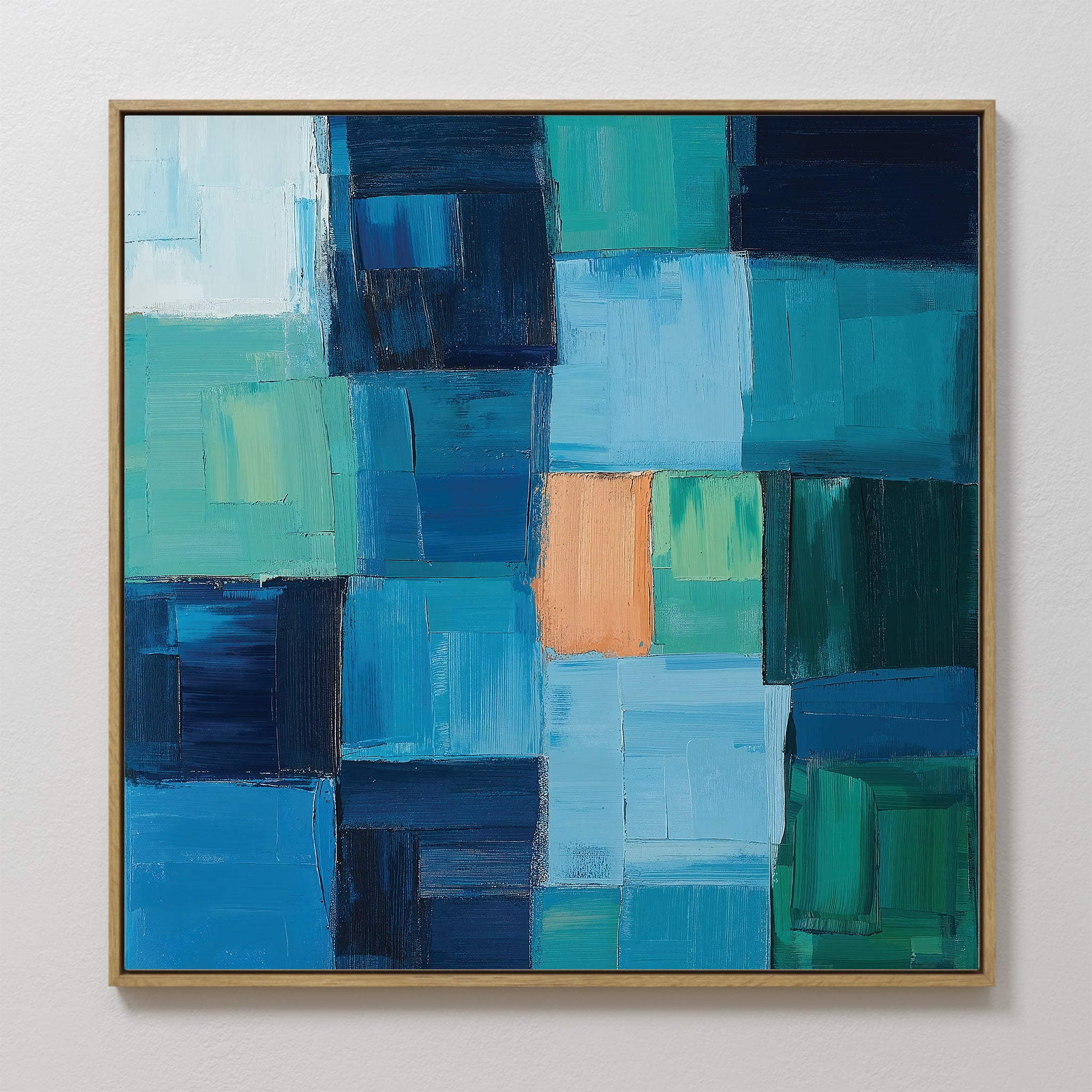 Original hand painted teal navy blue geometric abstract oil painting canvas wall art, nordic scandinavian elegant luxury modern coastal living room ho