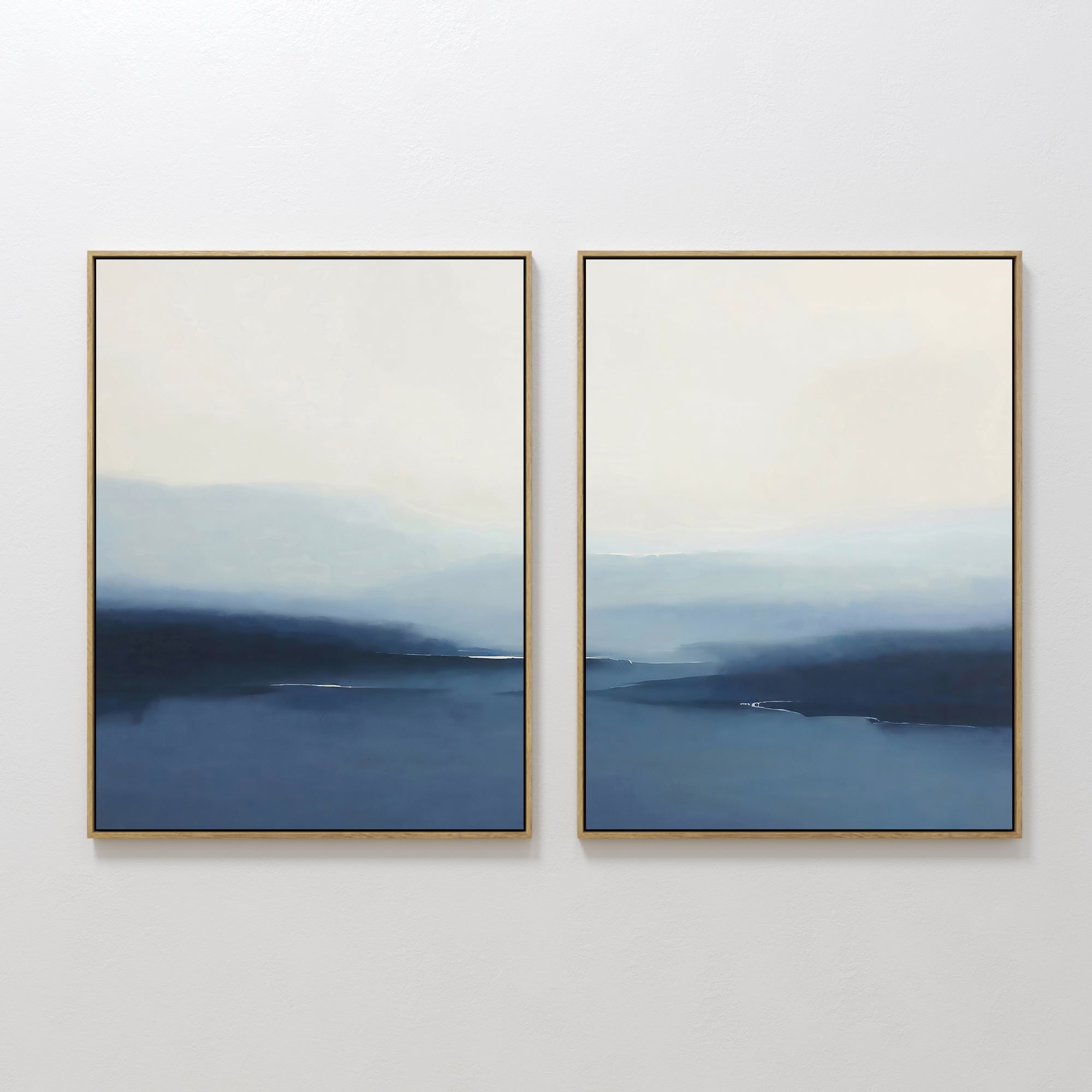 Original hand painted navy indigo blue abstract misty landscape diptych oil painting canvas wall art, nordic scandinavian elegant luxury modern coasta
