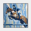 Original hand painted equestrian oil painting canvas, chestnut horse jumping bold blue abstract background, elegant luxury modern home